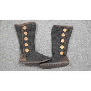 Muk Luks Boots Womens 9 Gray Boho Suede  Brown Faux Fur Crotchet Sweater Boots